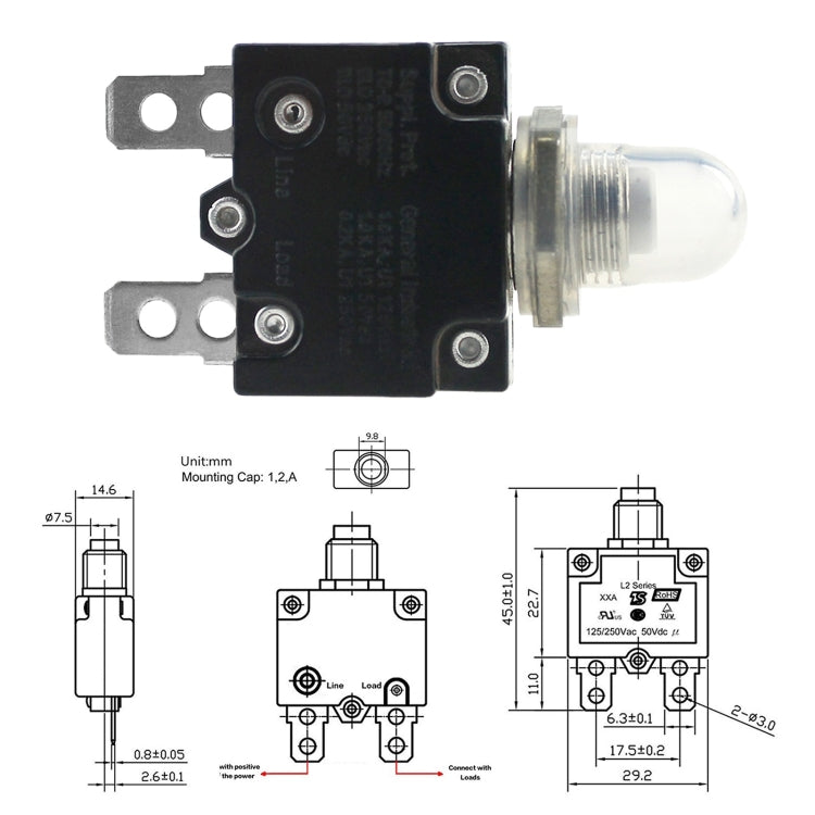 DC circuit breaker with waterproof cover; wiring and mounting dimensions diagram