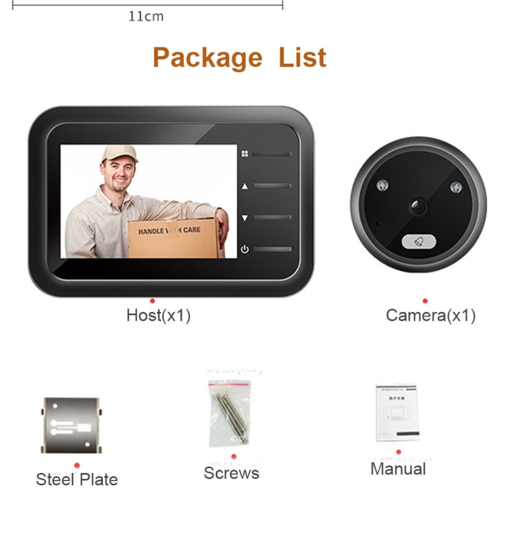 Door viewer kit: display host, round camera, steel plate, screws, and manual