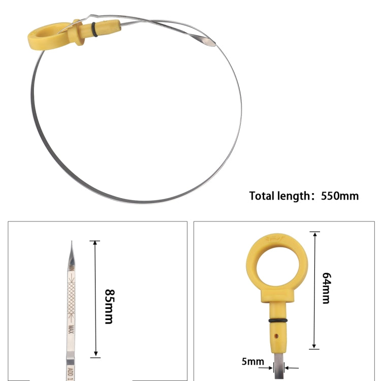 Engine oil dipstick with yellow loop handle and visible length scale on metal rod