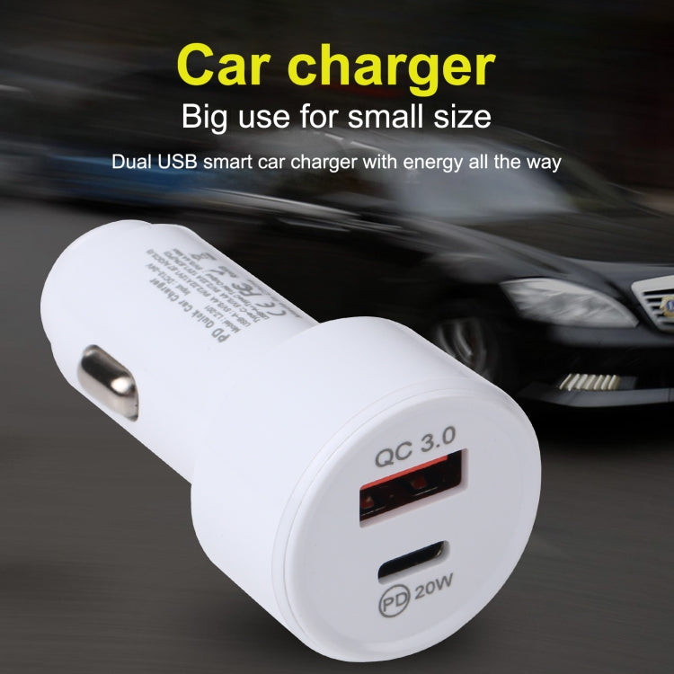White dual USB car charger with QC 3.0 and PD 20W USB-C ports