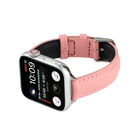 Light pink genuine leather watch strap with metal clasp, smartwatch worn.
