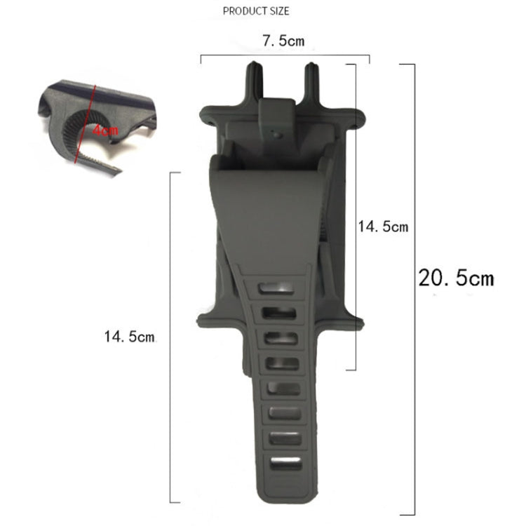 Bicycle phone holder with outlined size dimensions and multi-prong mounting clamp