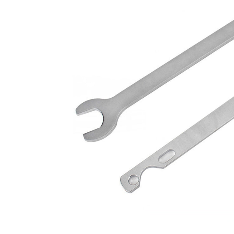 Pair of metal pump bracket wrenches: fork-end wrench and flat bar wrench with holes
