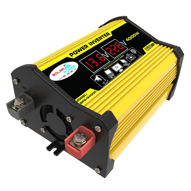 Compact yellow and black power inverter with LCD panel and DC terminals