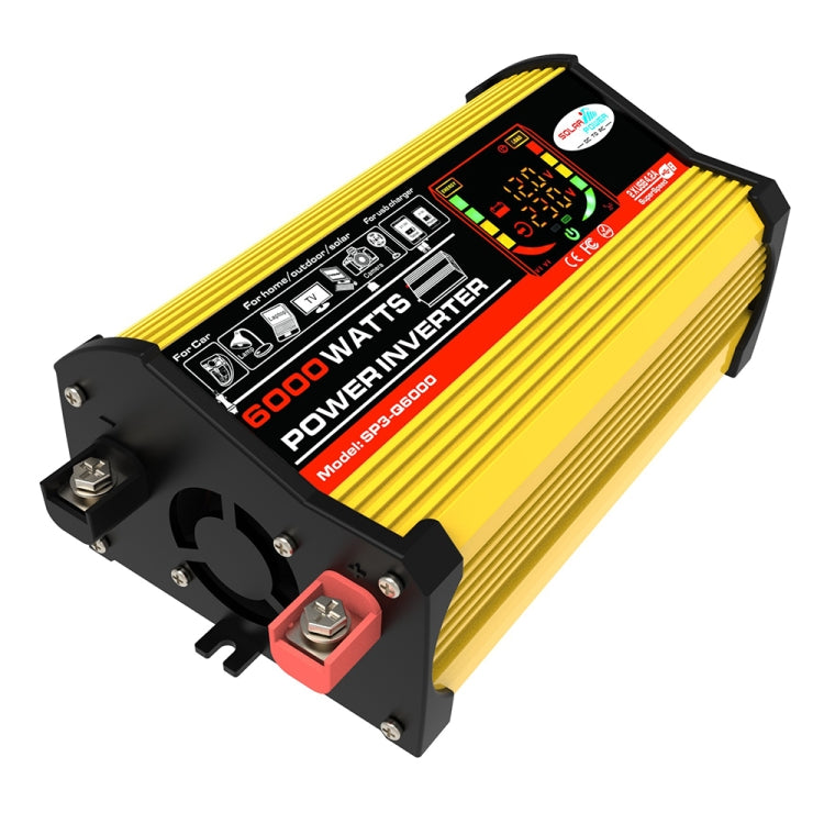 Yellow and black car power inverter with red and black DC terminals and side input socket