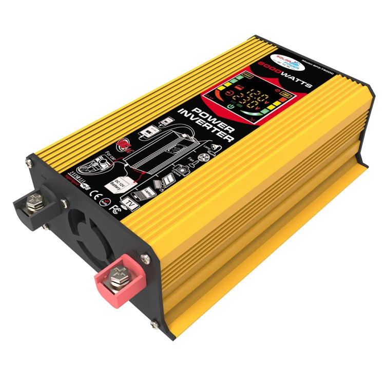 Yellow car power inverter with LCD control panel and DC terminal connections