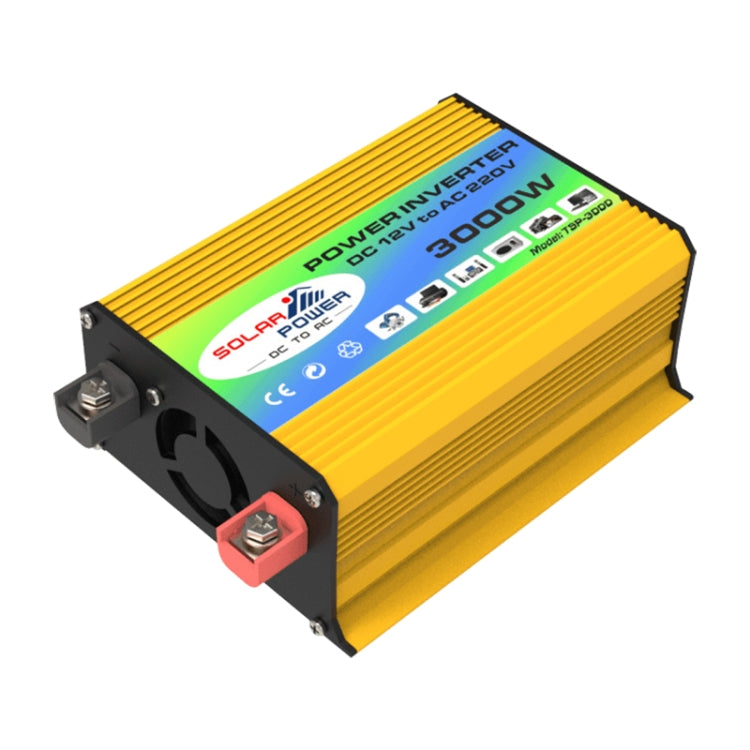 Yellow 3000W power inverter with green display panel, DC terminals, and mounting feet