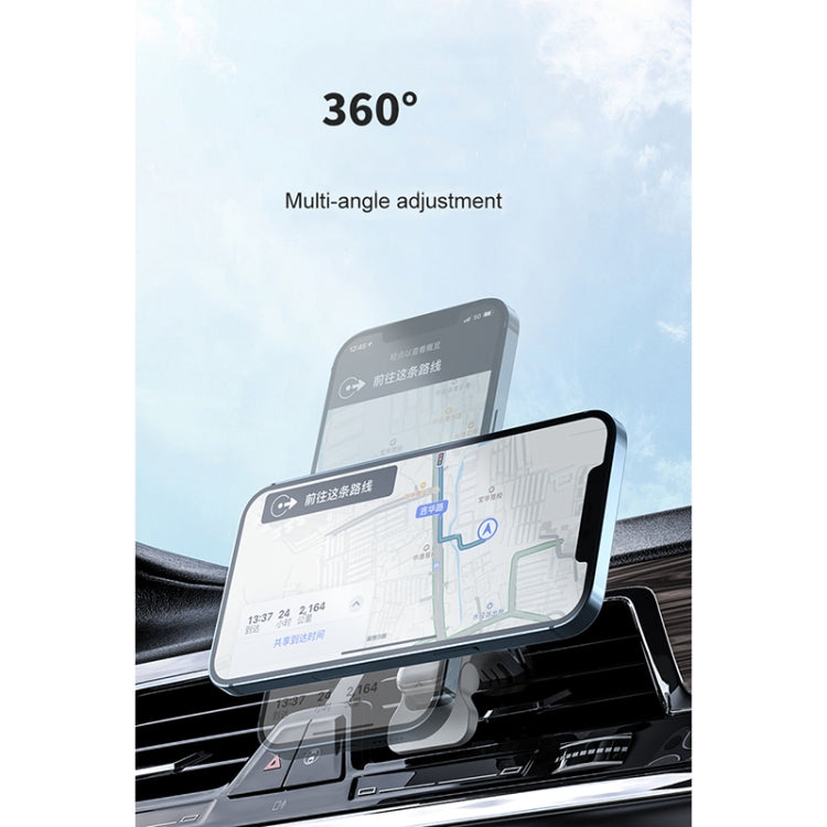 White MagSafe wireless car charger with adjustable mount holding a smartphone