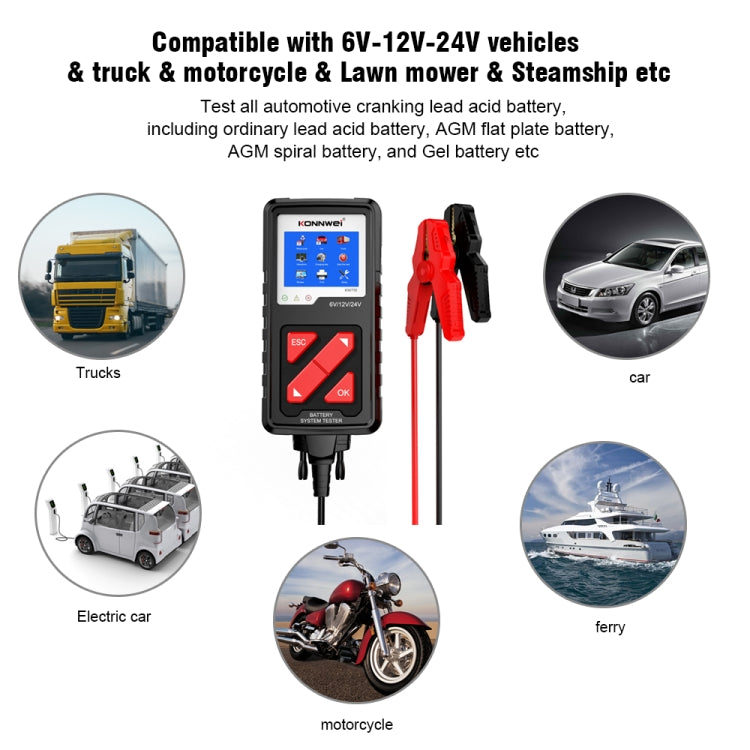 Battery tester kit with device and red/black clamp leads for car, truck, and motorcycle