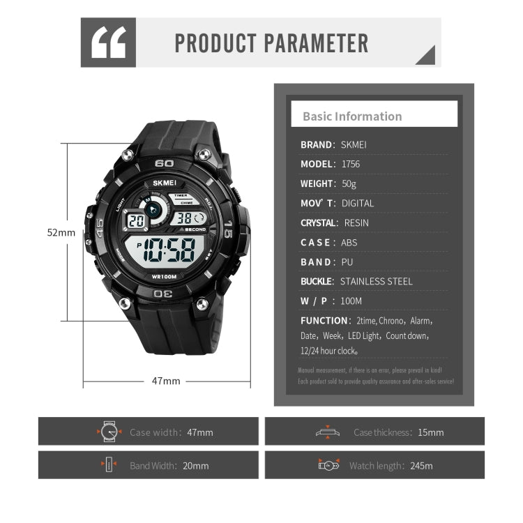 Black SKMEI digital sports alarm watch with luminous display