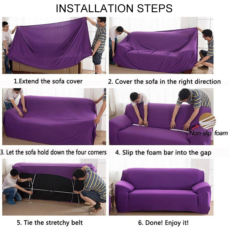 Purple double-seat sofa cover installation shown on couch with straps and foam bars.