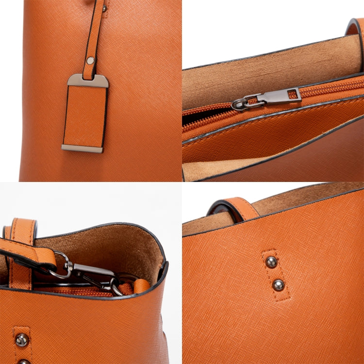 Orange PU leather handbag close-up: zipper pocket, snap studs, and strap ring