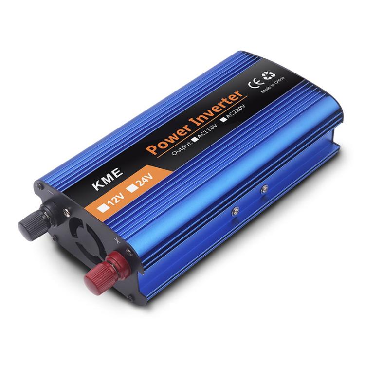 Blue power inverter with black front panel, red DC terminal, and side AC output ports