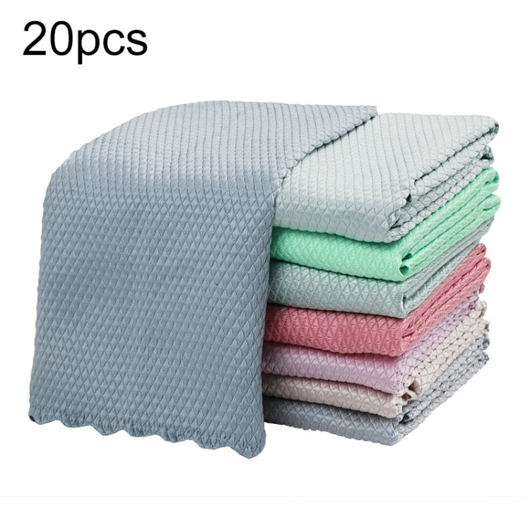 Set of 20 fish-scale kitchen cleaning rags, folded pastel towels in blue, green, and pink