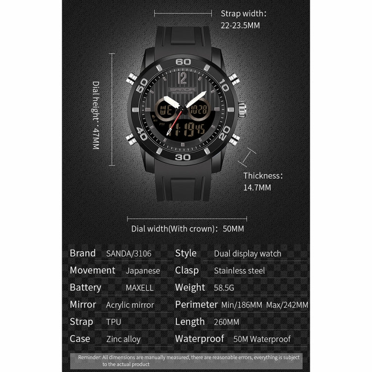 Dual display digital watch, front view, black case and strap, silver bezel, luminous dials