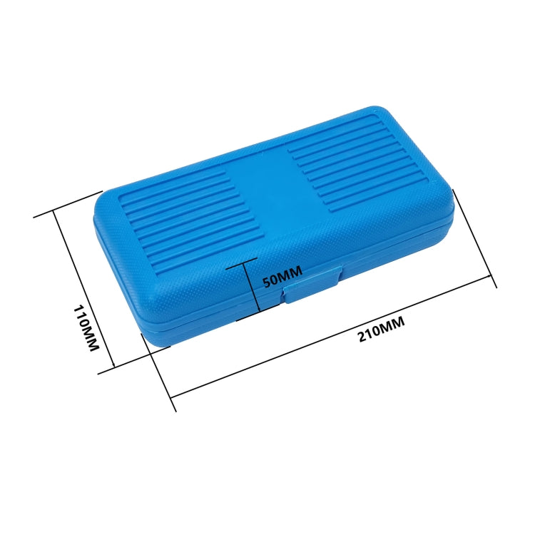 Blue plastic tool case with ridged lid and size markings