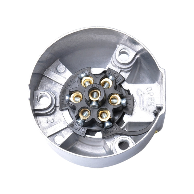 12V 7-pin round female trailer adapter connector, metal EU plug, pin contacts close-up
