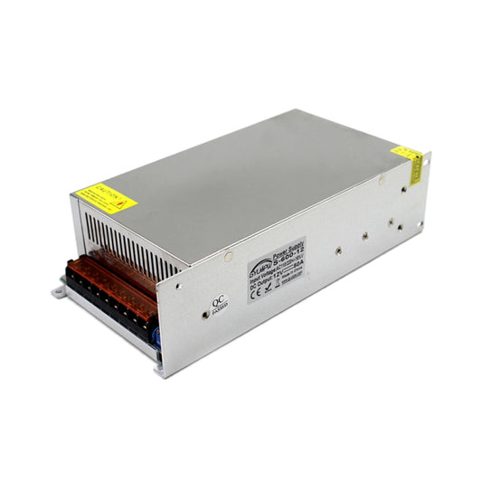 LED power supply with ventilation slots, gray metal housing, and terminal connectors