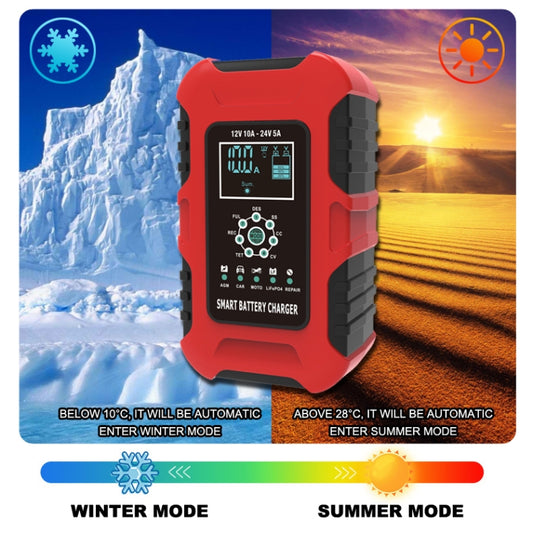 Red smart battery charger with LCD display and winter/summer mode panel