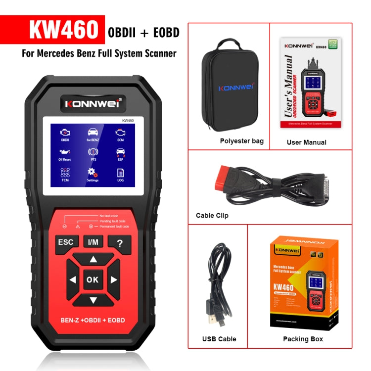 KW460 OBDII/EOBD diagnostic tester kit with user manual, cable clip, USB cable, and storage bag