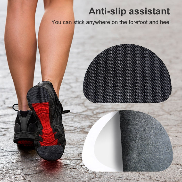 Running shoe with dark gray anti-slip forefoot sticker pad on textured sole