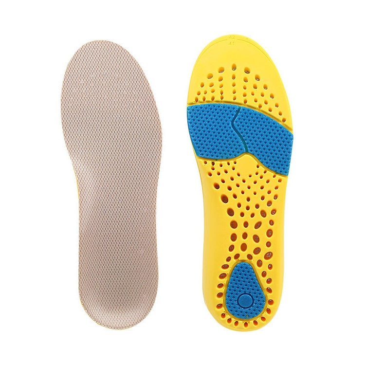 Cuttable sports full shoe pads showing beige top and yellow-blue cushioning inserts