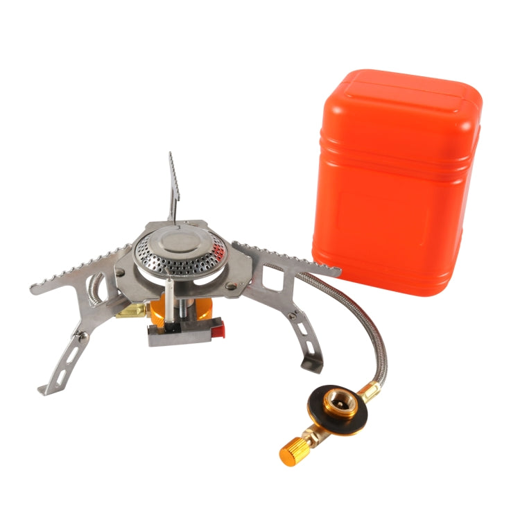Portable gas stove with orange fuel canister, burner head, and flexible fuel hose