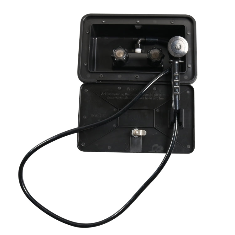 Black RV external shower box head with open cover and hose connected to controls