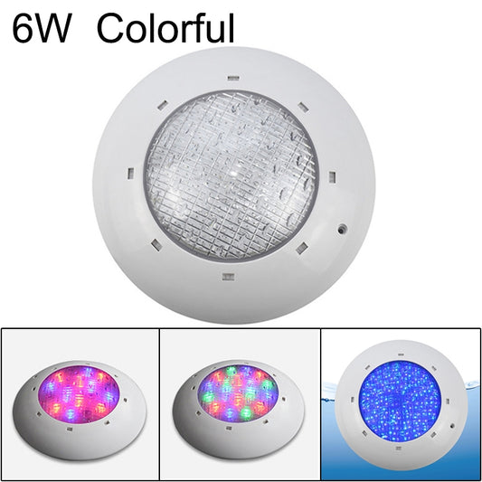 Underwater wall pool light with white round housing and clear lens, colorful RGB glow