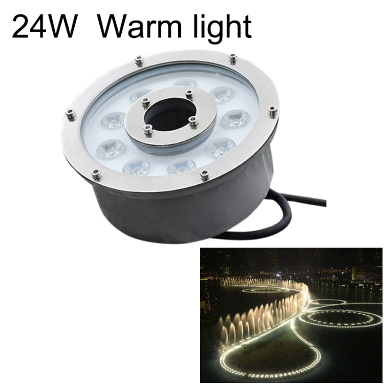Underwater LED fountain light, 24W warm light; round stainless top, black base, power cable