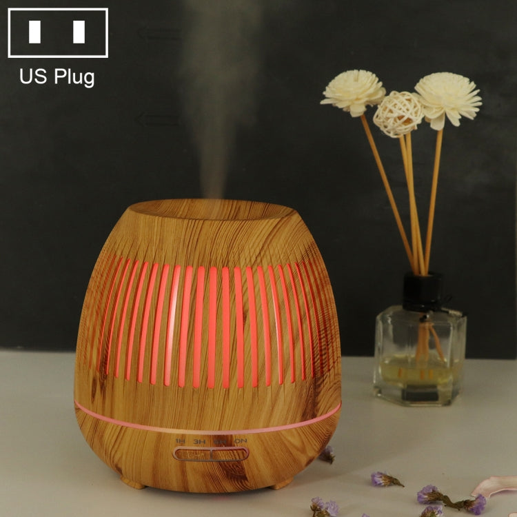 Light brown wood-grain hollow-out LED humidifier with red LED light glow