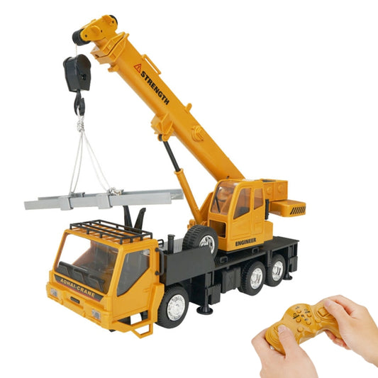 Yellow remote control crane truck with hanging hook and hand-held controller