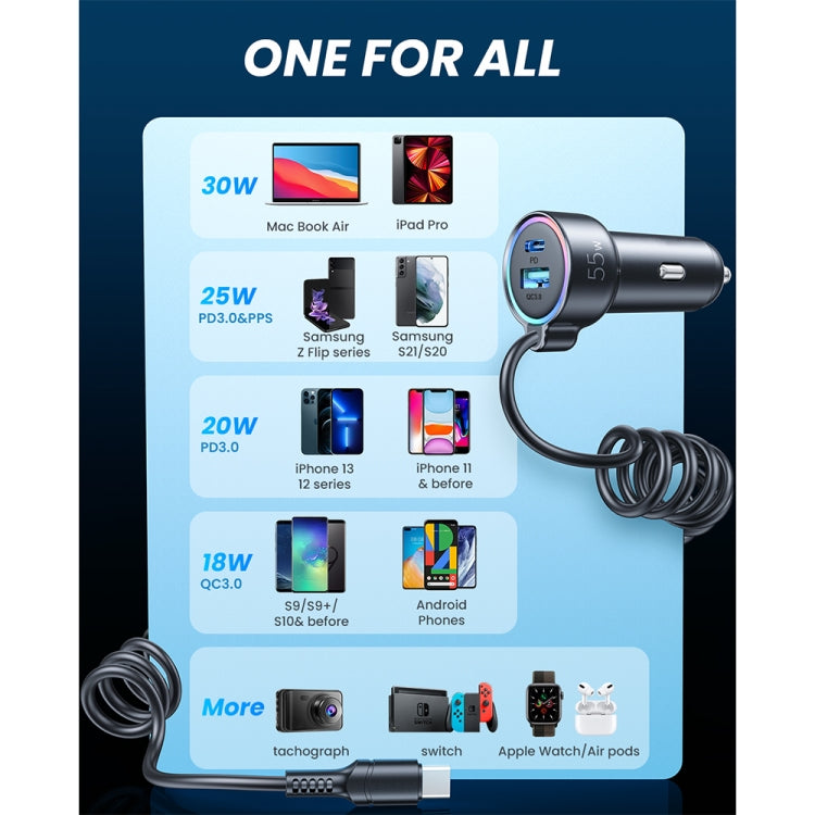 USB-C JOYROOM car charger with LED ring and coiled spring cable attached