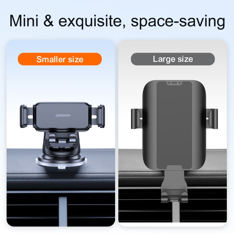 Mini dashboard phone holder with compact cradle, small and large size views, black