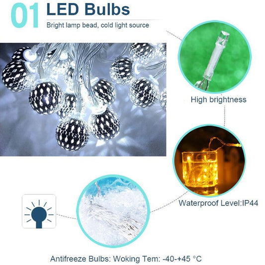 Ironwork Hollow Small Ball Outdoor LED Light String Garden Festival Decoration Light with Remote Control, Waterproof Battery Box 40 LEDs, Waterproof Battery Box 50 LEDs