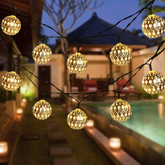 Ironwork Hollow Small Ball Outdoor LED Light String Garden Festival Decoration Light with Remote Control, Waterproof Battery Box 40 LEDs, Waterproof Battery Box 50 LEDs