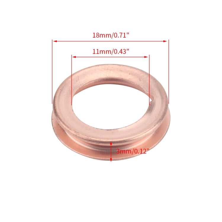 Crush washer gasket: 18mm outer dia, 11mm inner dia, 3mm thick, copper
