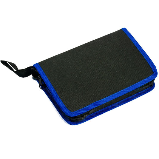 Mobile repair tool pouch with loop handle, black fabric and blue edge trim