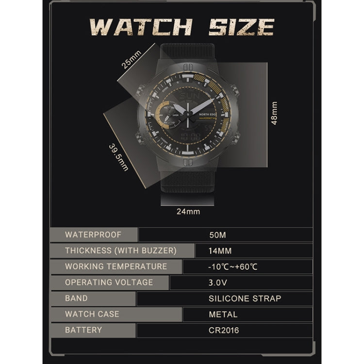 NORTH EDGE HORNET sport watch size diagram, dark grey silicone strap