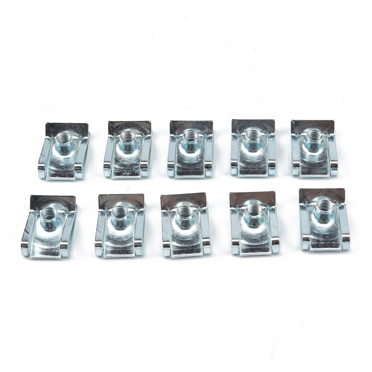 Set of galvanized B-shaped clip nuts, each with a threaded hole and square base