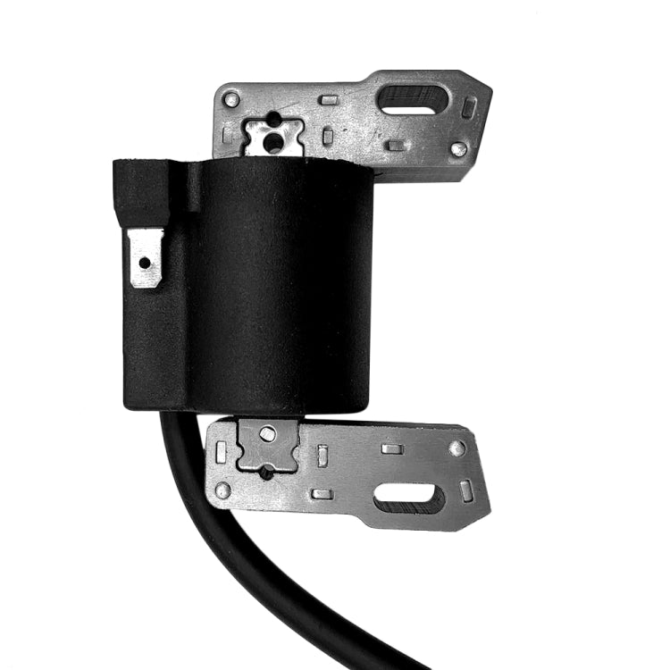 Ignition coil assembly with black housing and silver metal plates, wiring pigtail