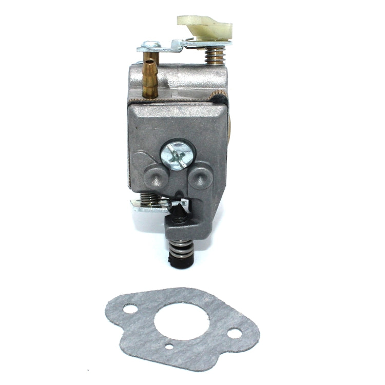 Chainsaw carburetor with paper gasket, rear side view with fuel inlet and spring bolt