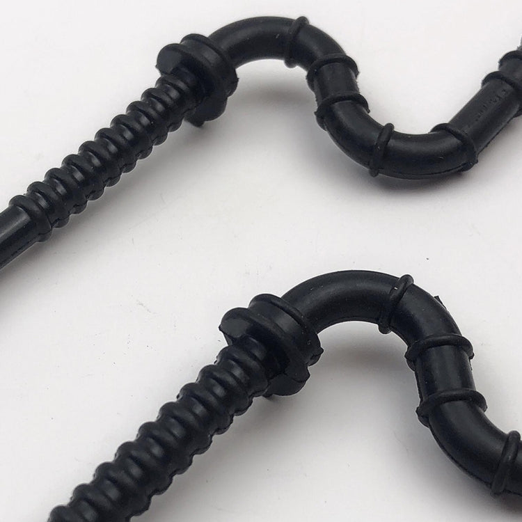 Close-up of black corrugated fuel line hoses with curved fitting connectors (2 pack)