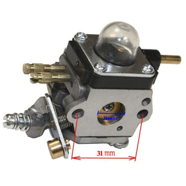 Chainsaw carburetor with primer bulb; marked 31 mm and 4 mm opening