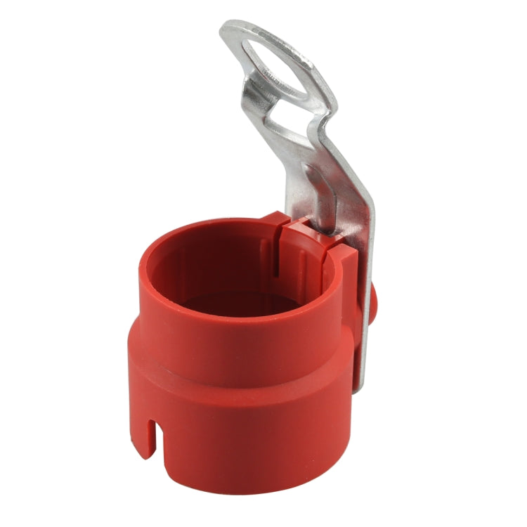 Red trailer plug holder retainer with silver U-shaped metal clip and circular cup
