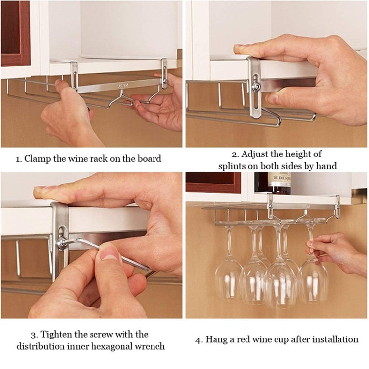 Hands installing adjustable hanging wine rack clamps with clear stem holders