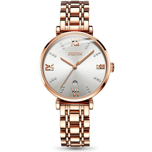 Women’s rose-gold quartz watch with white dial, Roman numerals, and link bracelet.