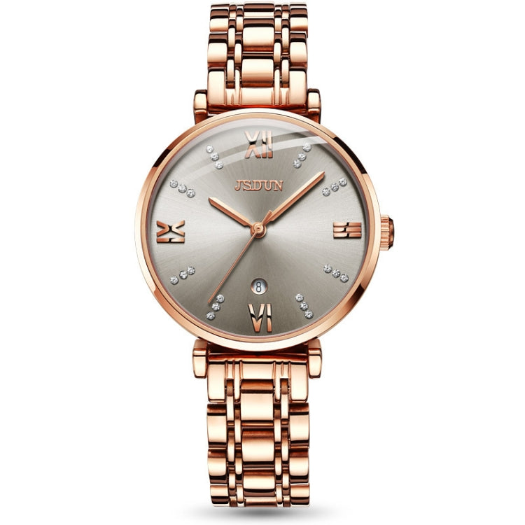 Rose gold metal women’s watch with white dial, Roman numerals, and linked bracelet.