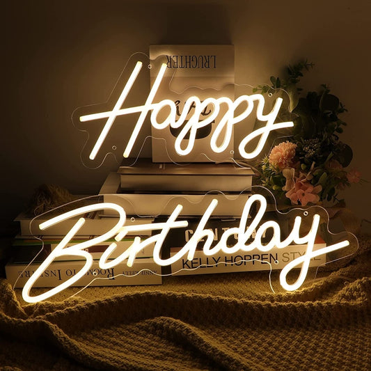 Happy birthday LED neon lamp with glowing “Happy Birthday” script letters