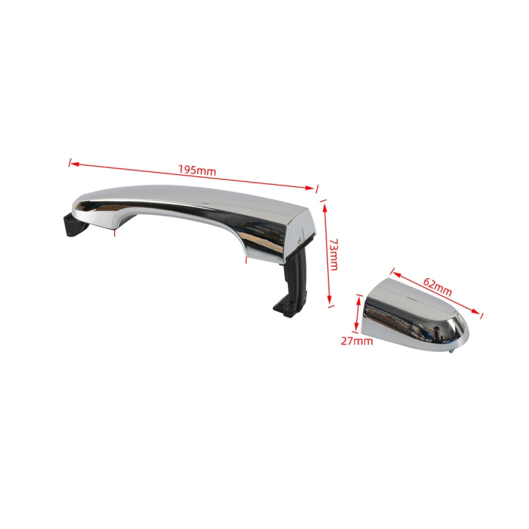 Outside door handle with size marks: 195mm long, 62mm wide, 27mm deep